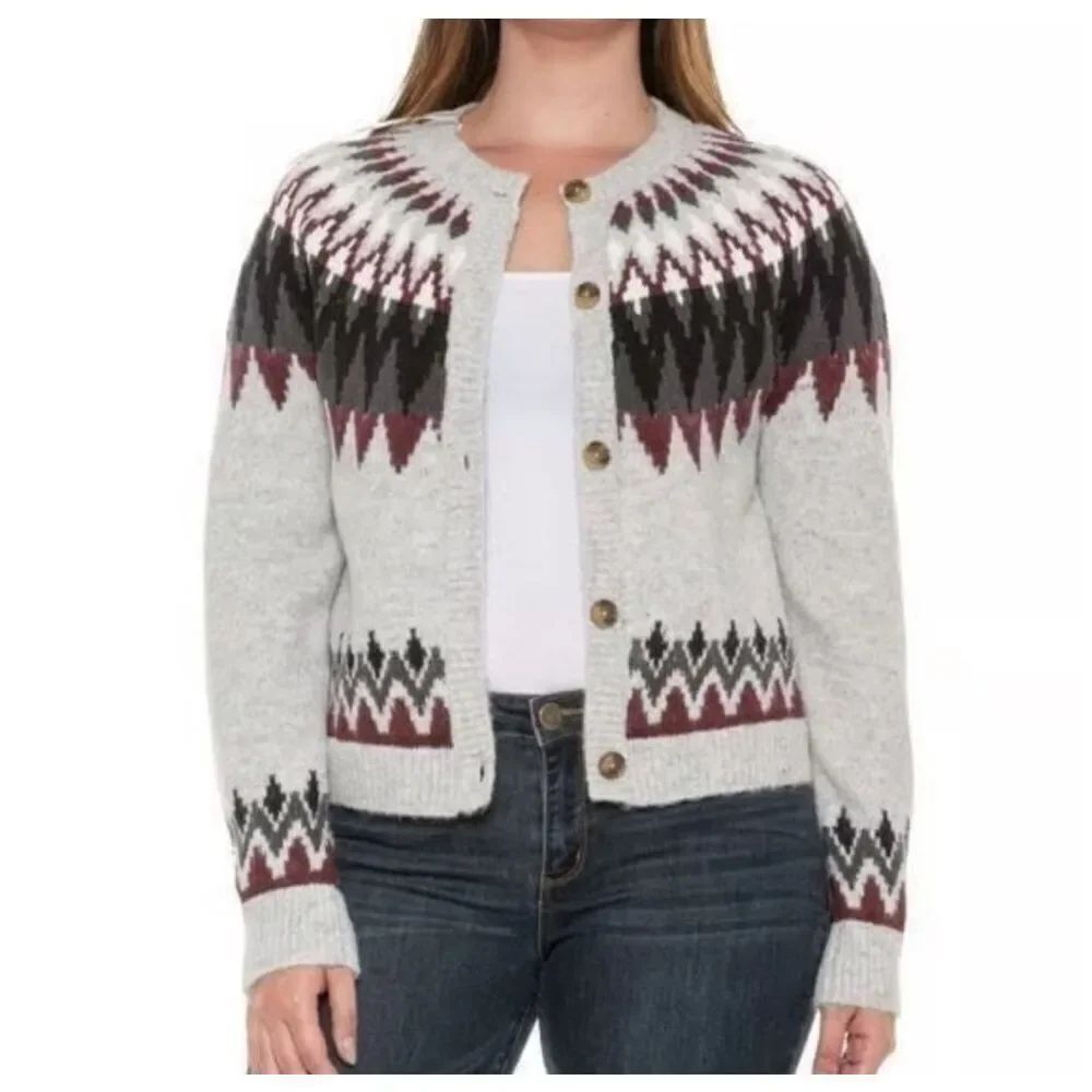 Lucky brand Jacquard Yoke Fair Isle Raglan Cardigan medium cotton wool blend